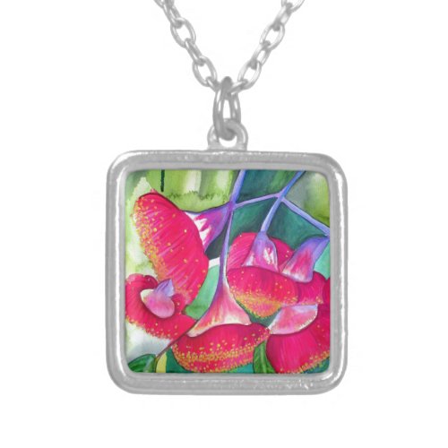 Australian red flowering gumnuts watercolor art silver plated necklace