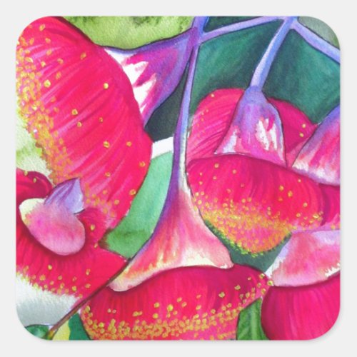 Australian red flowering gumnuts watercolor art square sticker