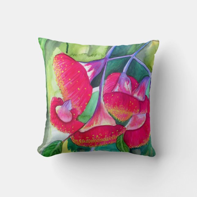Australian red flowering gumnuts watercolor art throw pillow (Front)