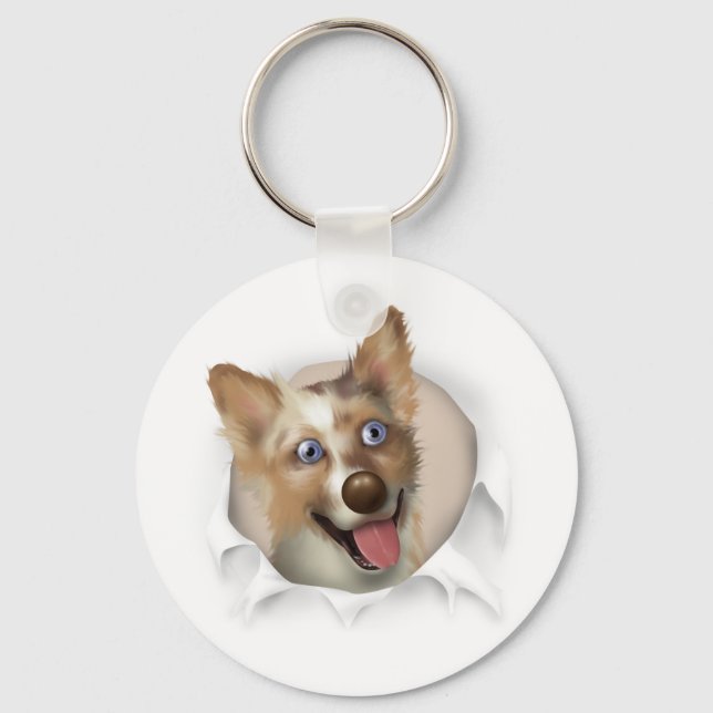 Australian Red Merle Shepherd Busting Out Keychain (Front)