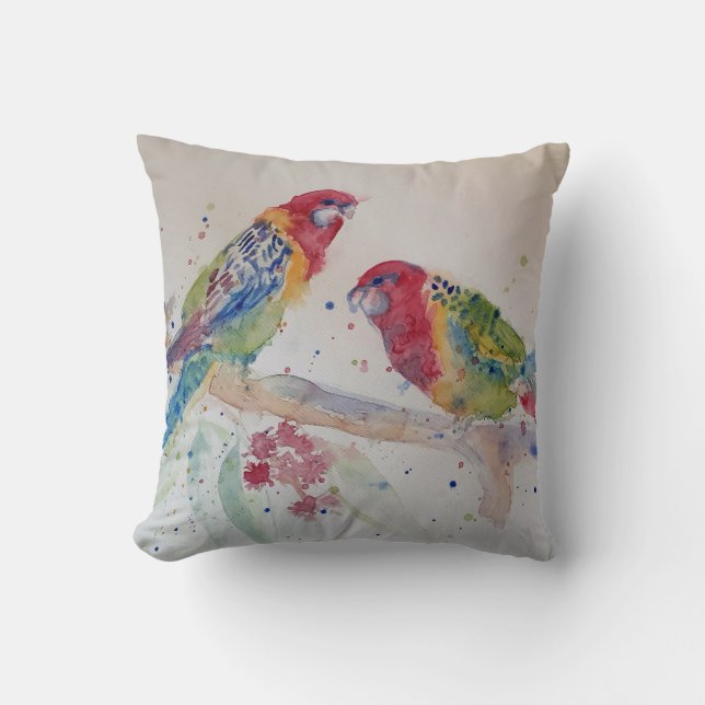 Australian Red Rosella Parrot Watercolour art Throw Pillow (Front)
