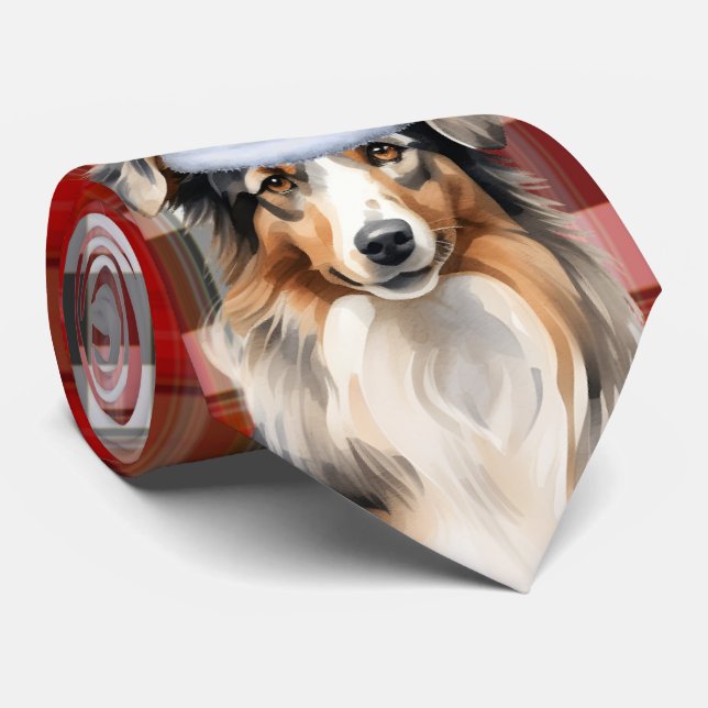 Australian Shepherd and Plaid Christmas Dog Lover Neck Tie (Rolled)