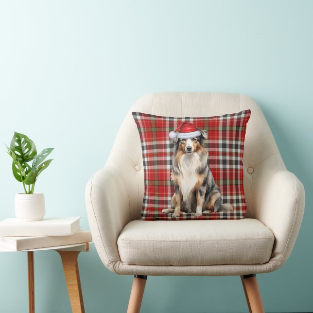 Australian Shepherd and Red Plaid Christmas Dog Throw Pillow (Chair)