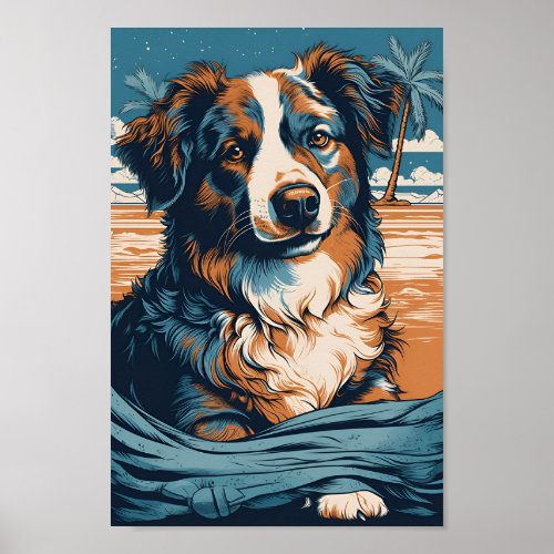 Australian Shepherd at a tropical beach Poster