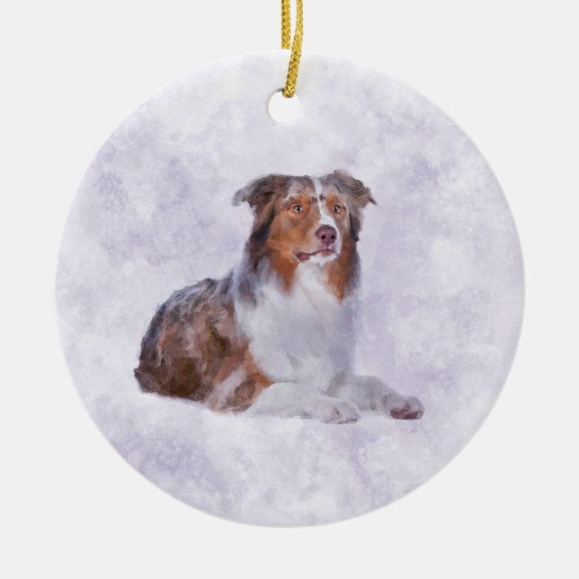 Australian Shepherd - Aussie Watercolor Digital Ar Ceramic Ornament (Front)