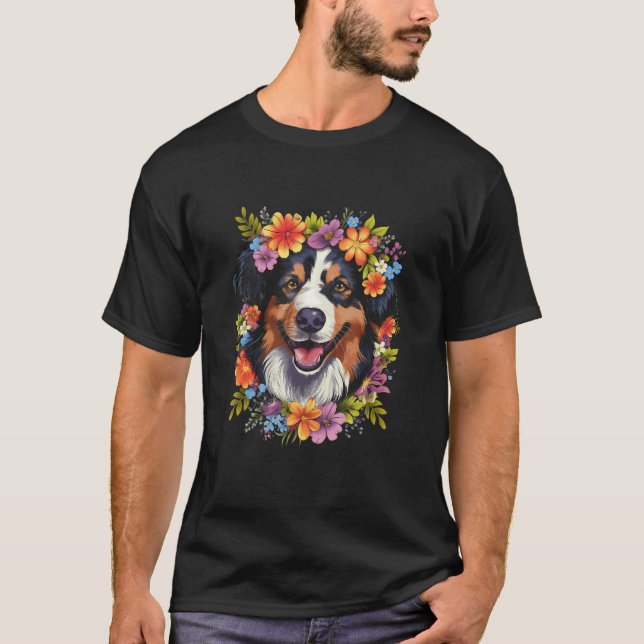 Australian Shepherd Aussie with Flower Crown Retro T-Shirt (Front)