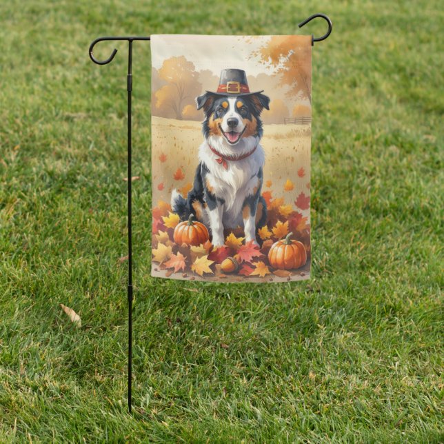 Australian Shepherd Autumn Leaves Thanksgiving Art Garden Flag (In SItu)