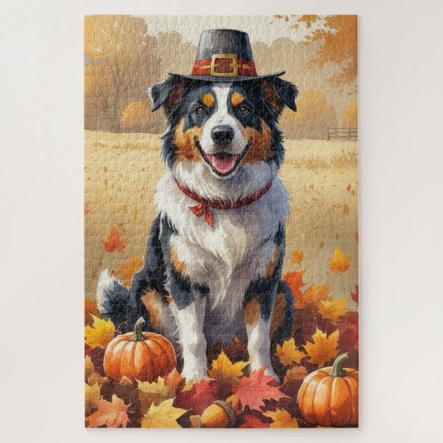 Australian Shepherd Autumn Leaves Thanksgiving Art Jigsaw Puzzle (Vertical)