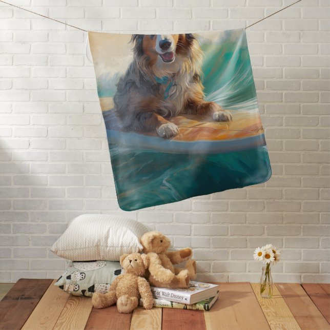 Australian Shepherd Beach Surfing Painting Baby Blanket (In Situ)