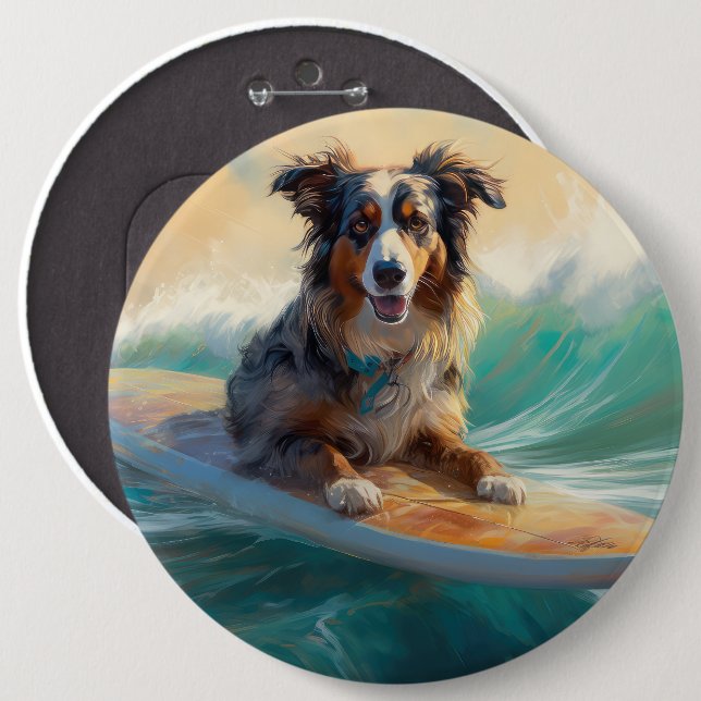 Australian Shepherd Beach Surfing Painting Button (Front & Back)