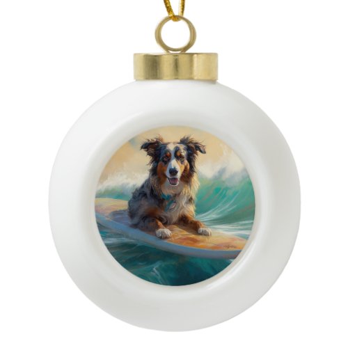 Australian Shepherd Beach Surfing Painting Ceramic Ball Christmas Ornament