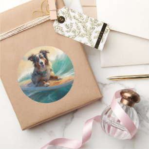 Australian Shepherd Beach Surfing Painting Classic Round Sticker