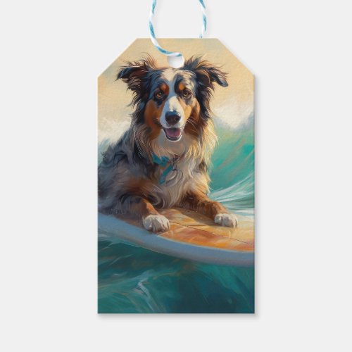 Australian Shepherd Beach Surfing Painting Gift Tags