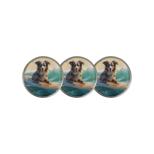 Australian Shepherd Beach Surfing Painting Golf Ball Marker (3 Up)