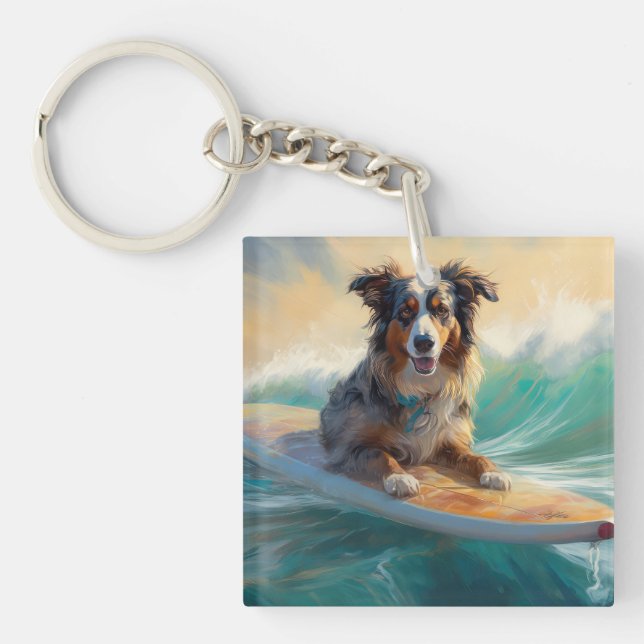 Australian Shepherd Beach Surfing Painting Keychain (Front)