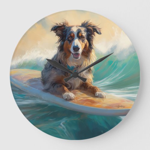 Australian Shepherd Beach Surfing Painting Large Clock