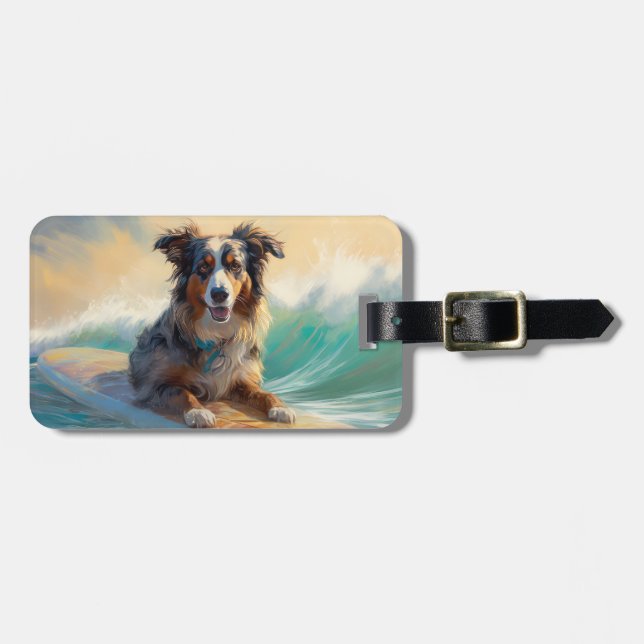 Australian Shepherd Beach Surfing Painting Luggage Tag (Front Horizontal)
