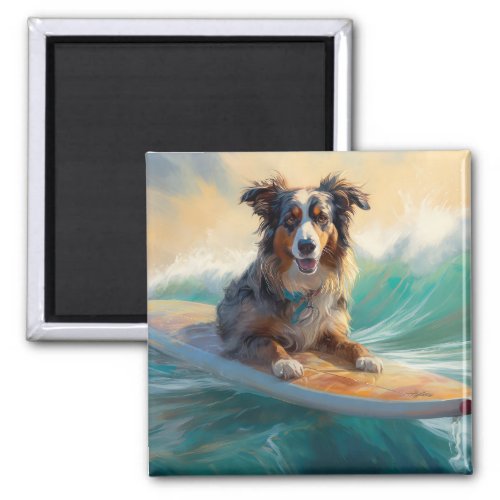 Australian Shepherd Beach Surfing Painting Magnet