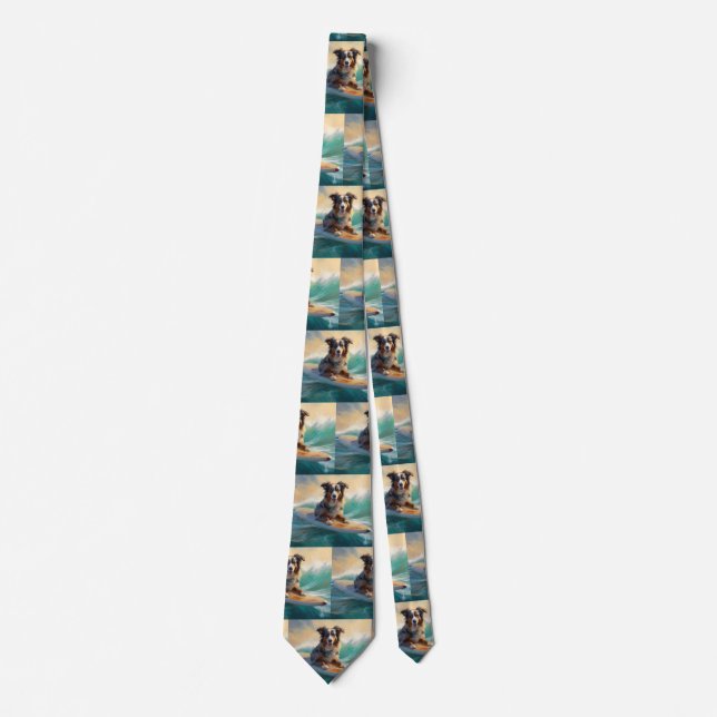Australian Shepherd Beach Surfing Painting Neck Tie (Front)