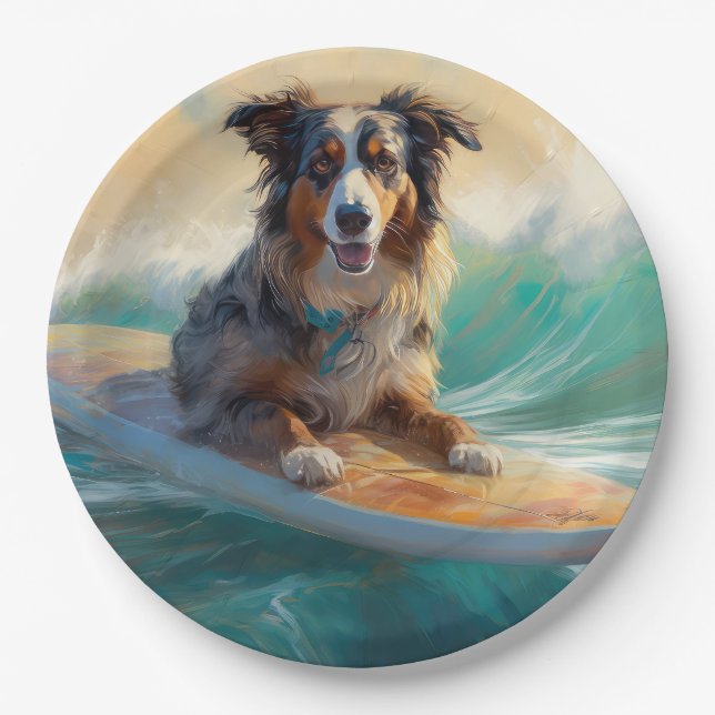 Australian Shepherd Beach Surfing Painting Paper Plates (Front)