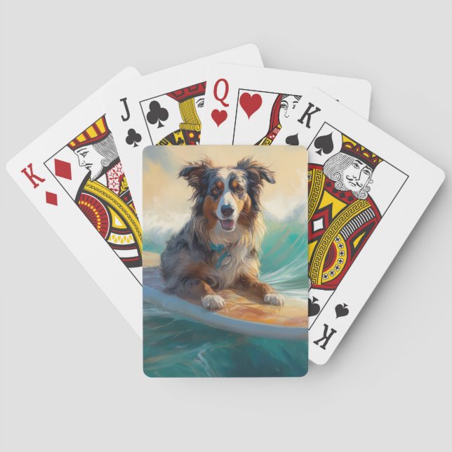 Australian Shepherd Beach Surfing Painting Poker Cards (Back)