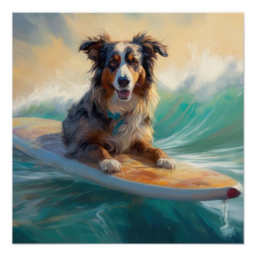 Australian Shepherd Beach Surfing Painting Poster