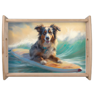 Australian Shepherd Beach Surfing Painting Serving Tray