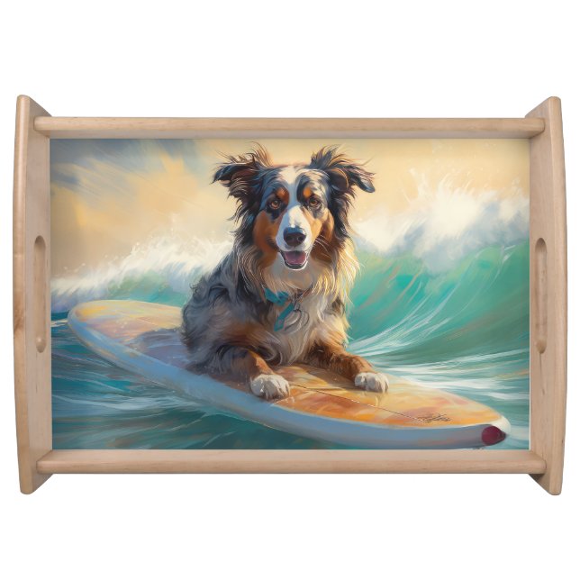 Australian Shepherd Beach Surfing Painting Serving Tray (Front)