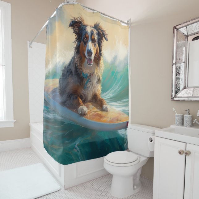 Australian Shepherd Beach Surfing Painting Shower Curtain (In Situ)