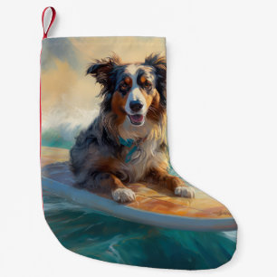 Australian Shepherd Beach Surfing Painting Small Christmas Stocking