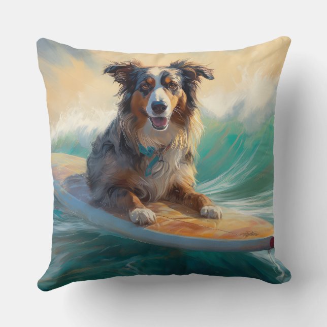 Australian Shepherd Beach Surfing Painting Throw Pillow (Back)