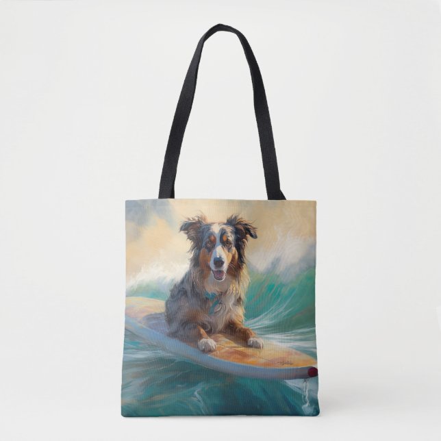 Australian Shepherd Beach Surfing Painting Tote Bag (Front)