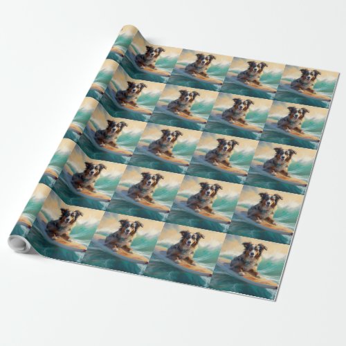 Australian Shepherd Beach Surfing Painting Wrapping Paper