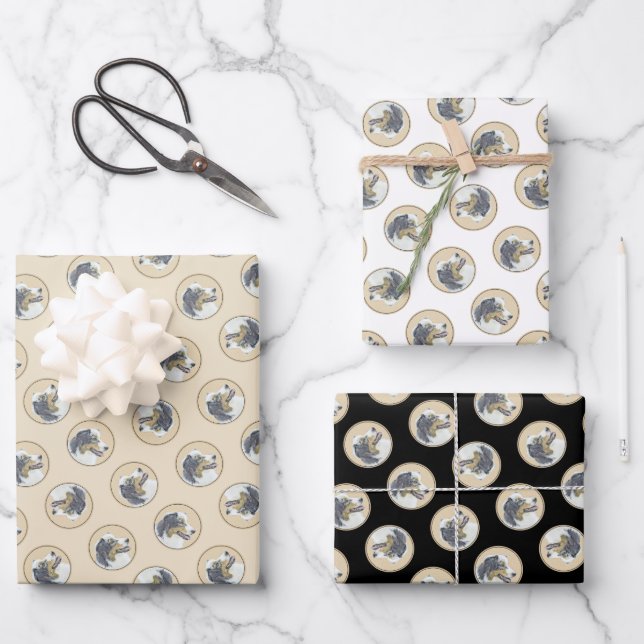 Australian Shepherd Black Tri Painting Dog Art Wrapping Paper Sheets (Front)