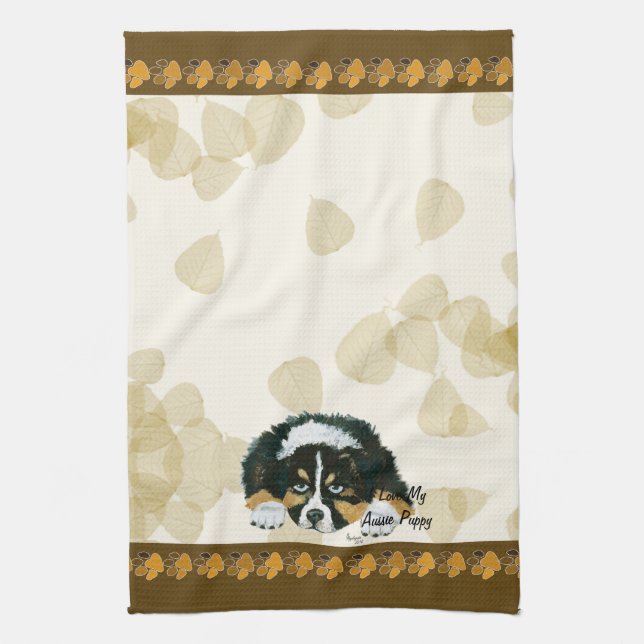 Australian Shepherd Black Tri Puppy ~Tan Leaves Towel (Vertical)