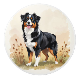 Australian Shepherd Black Tricolor Aussie Dog Ceramic Knob