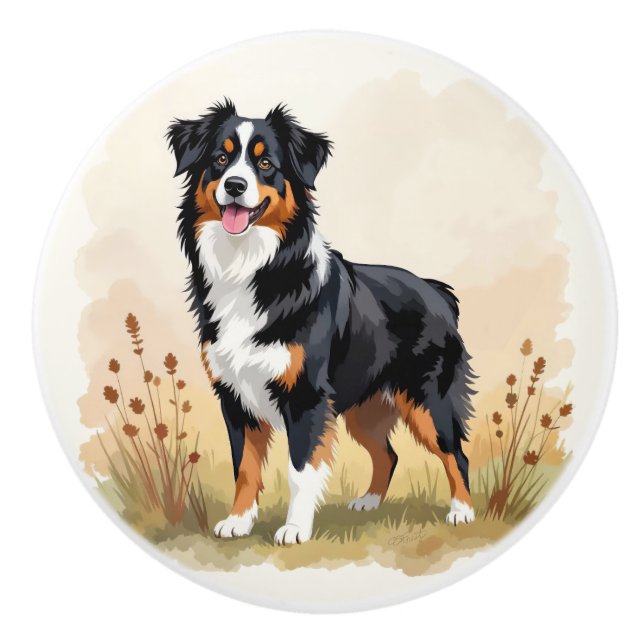 Australian Shepherd Black Tricolor Aussie Dog Ceramic Knob (Front)