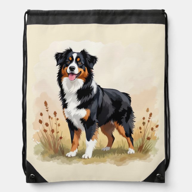 Australian Shepherd Black Tricolor Aussie Dog Drawstring Bag (Front)