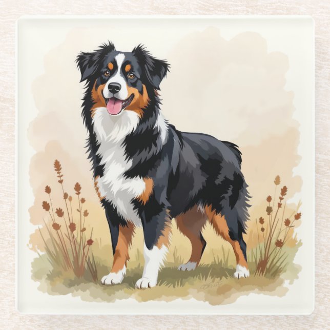 Australian Shepherd Black Tricolor Aussie Dog Glass Coaster (Front)
