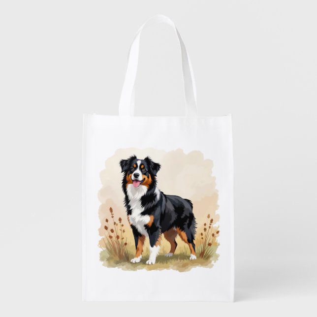 Australian Shepherd Black Tricolor Aussie Dog Grocery Bag (Front)