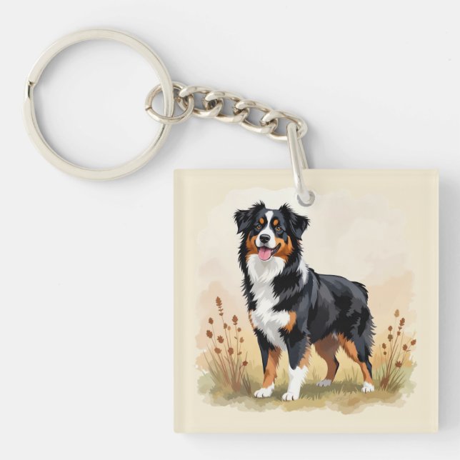 Australian Shepherd Black Tricolor Aussie Dog Keychain (Front)