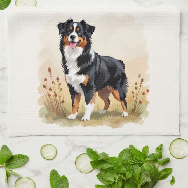 Australian Shepherd Black Tricolor Aussie Dog Kitchen Towel (Folded)