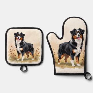 Australian Shepherd Black Tricolor Aussie Dog Oven Mitt & Pot Holder Set
