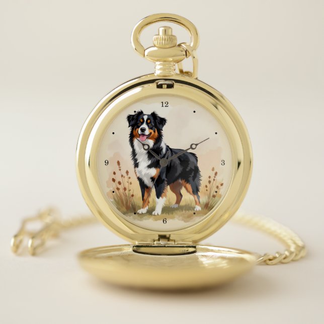 Australian Shepherd Black Tricolor Aussie Dog Pocket Watch (Inside)
