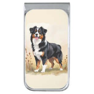 Australian Shepherd Black Tricolor Aussie Dog Silver Finish Money Clip