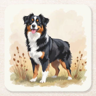 Australian Shepherd Black Tricolor Aussie Dog Square Paper Coaster
