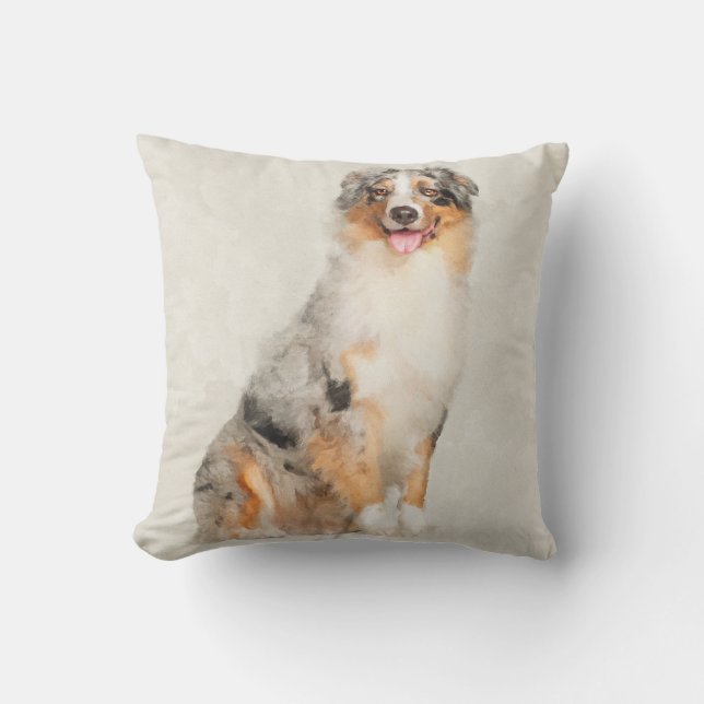 Australian Shepherd - Blue Merle Watercolor Throw Pillow (Front)