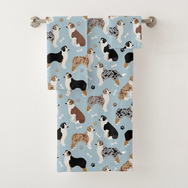 Australian Shepherd Bones and Paws Blue Bath Tow Towel Set (Insitu)