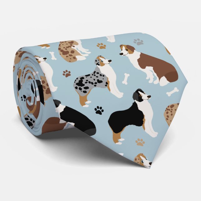 Australian Shepherd Bones and Paws Blue Neck Tie (Rolled)