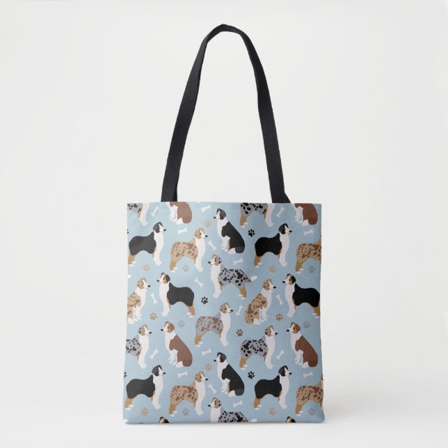 Australian Shepherd Bones and Paws Blue Tote Bag (Front)
